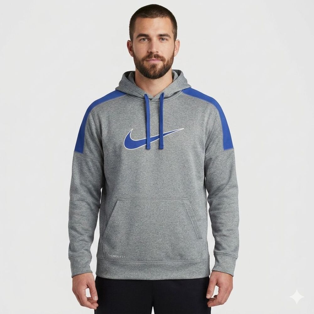 Nike Men's Large Therma-Fit Pullover Hoodie Sweatshirt Gray & Royal Blue